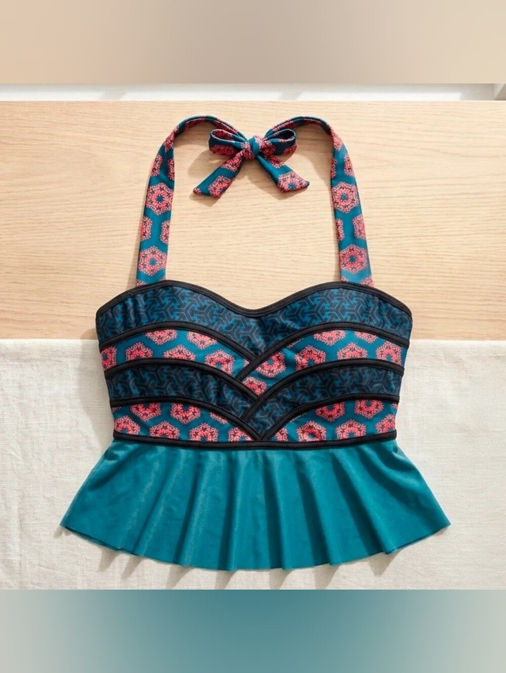 Green Teal Peplum Beach Swimwear Tankini Halter Top, Red Floral Geometric Print
